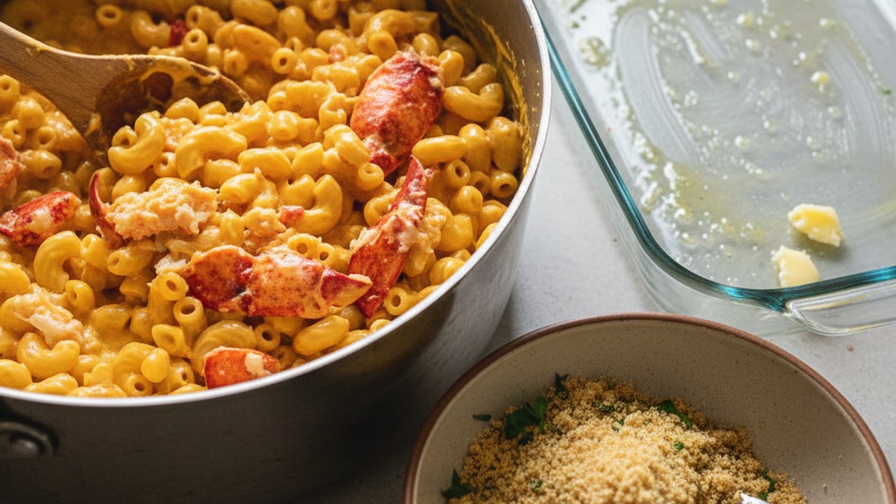 Combine pasta and lobster, prepare topping