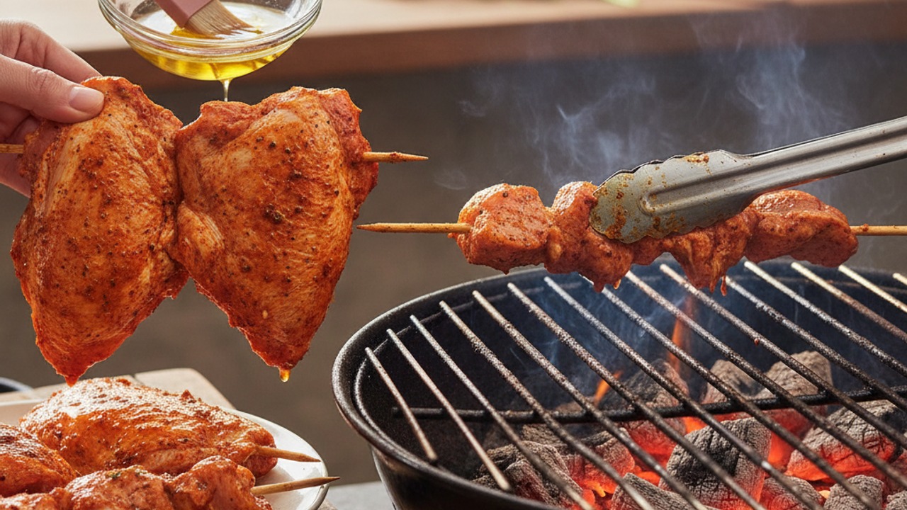 Prepare the grill and oil the chicken