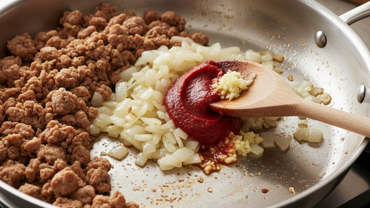 Sauté onion, garlic and tomato paste