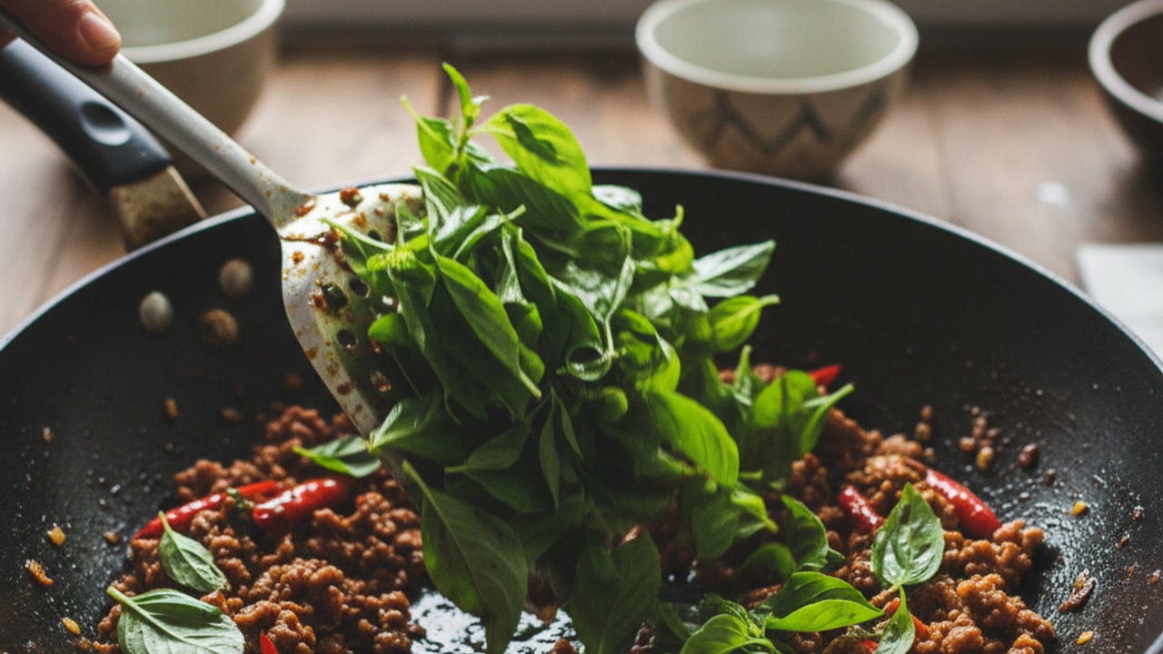 Toss in holy basil and finish