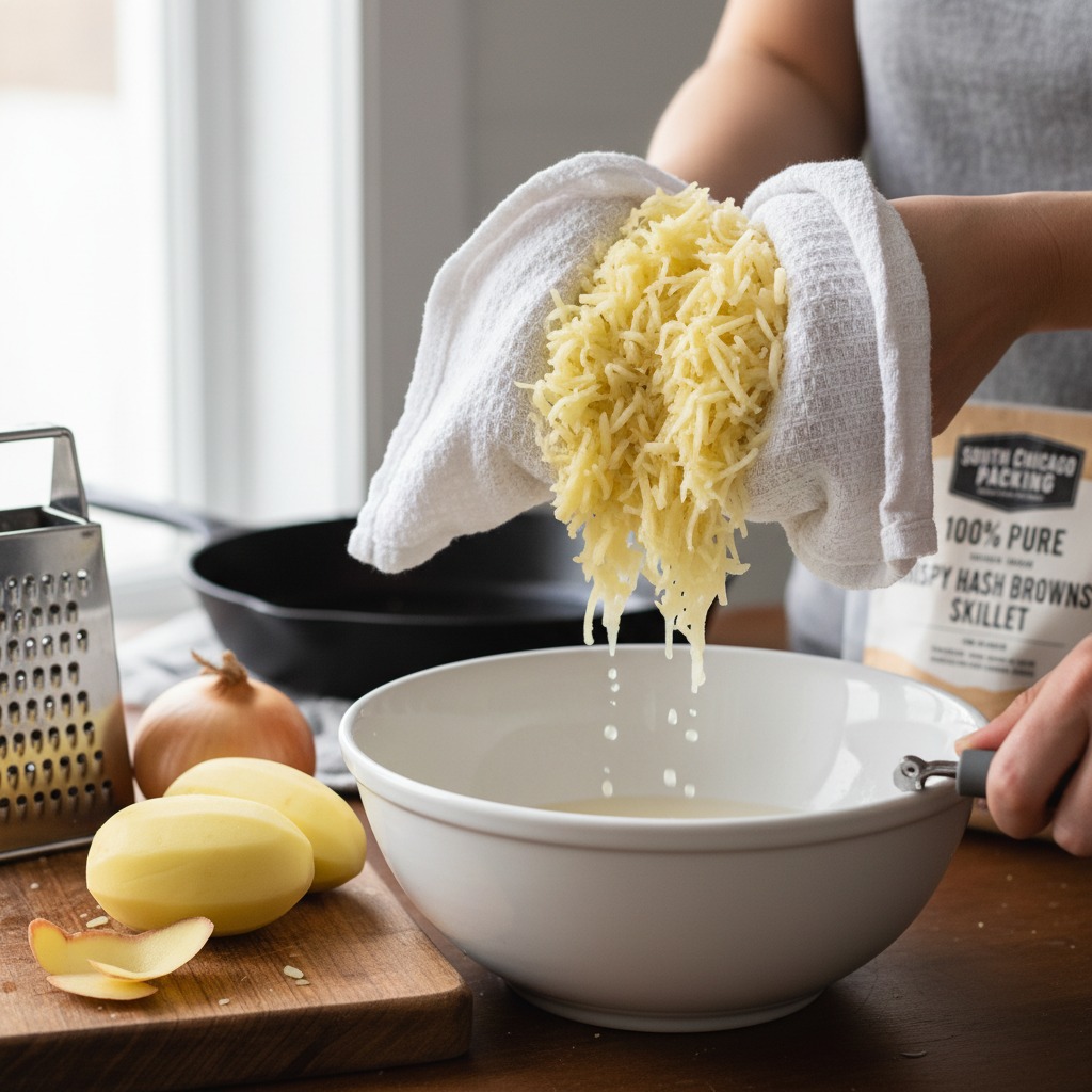 Grate and dry the potatoes and onion