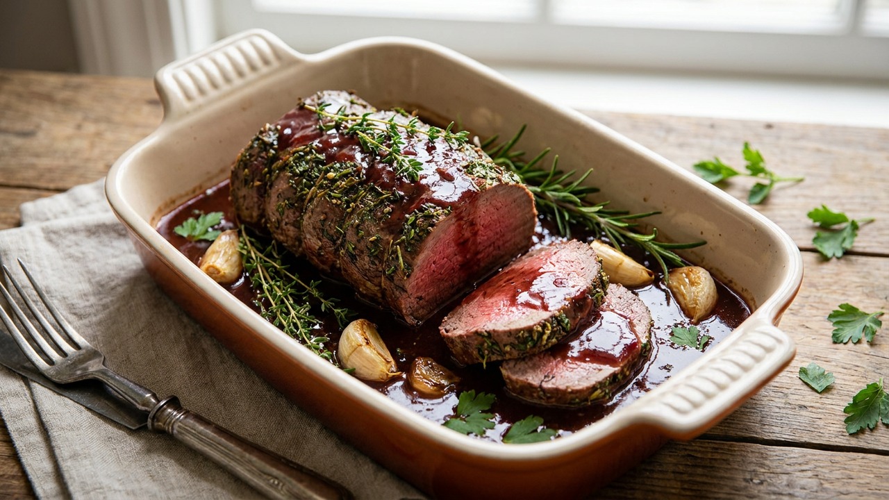Garlic Herb Crusted Beef Tenderloin Roast with Red Wine Pan Sauce