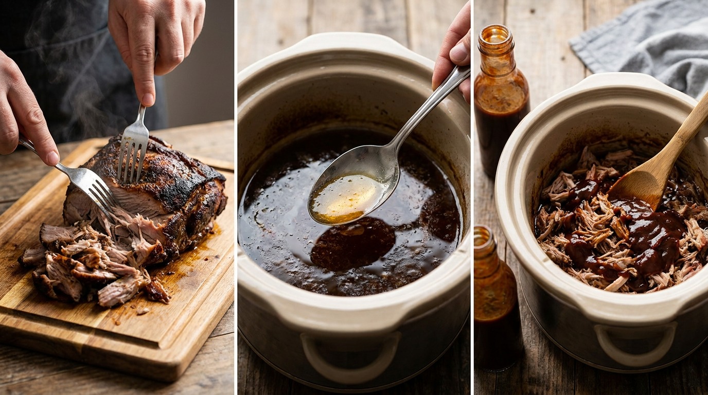 Shred pork and mix with BBQ sauce