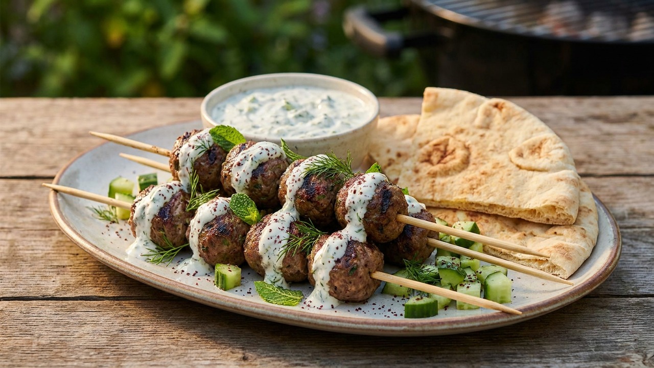 Grilled Lamb Meatball Souvlaki with Quick Tzatziki