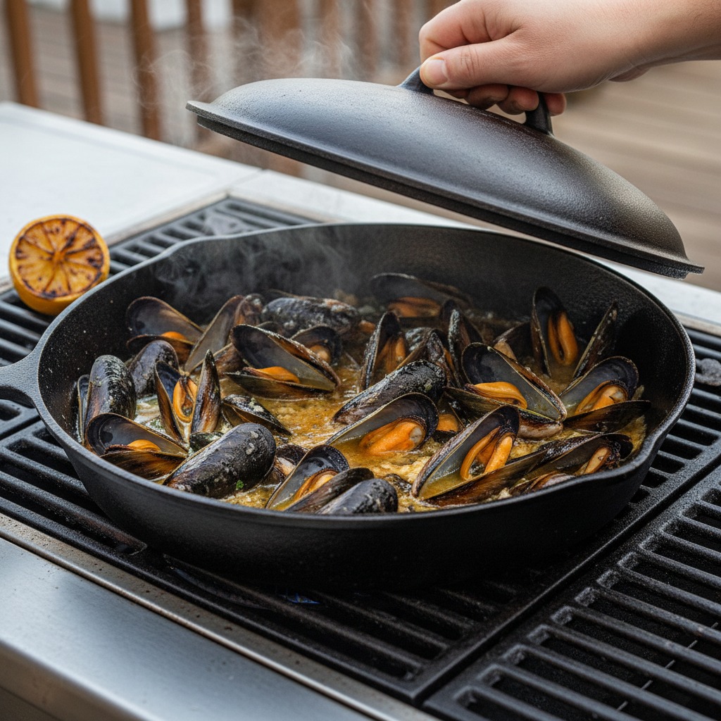 Finish mussels in garlic-butter white wine sauce