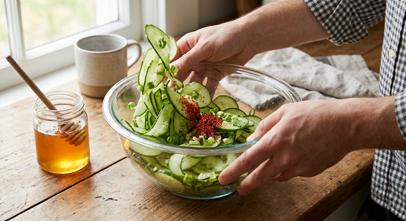 Quick refrigerator cucumber kimchi (while pork marinates — 10 minutes active)