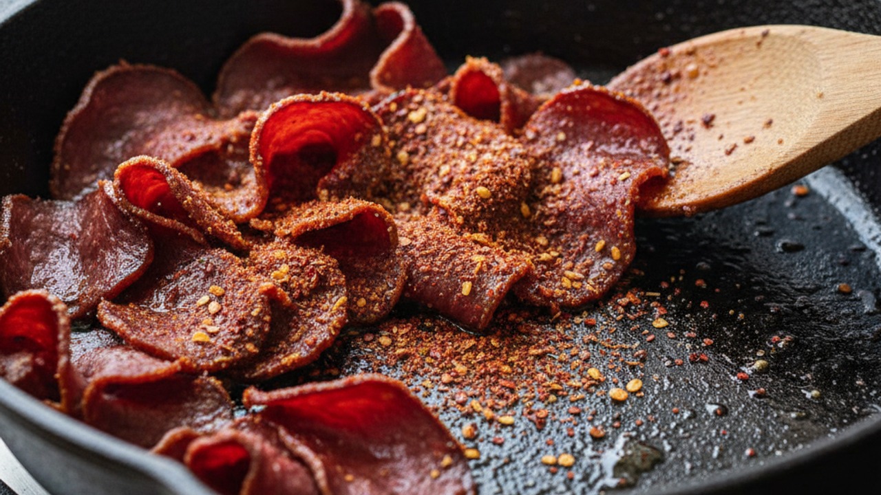 Add pastirma and bloom the spices