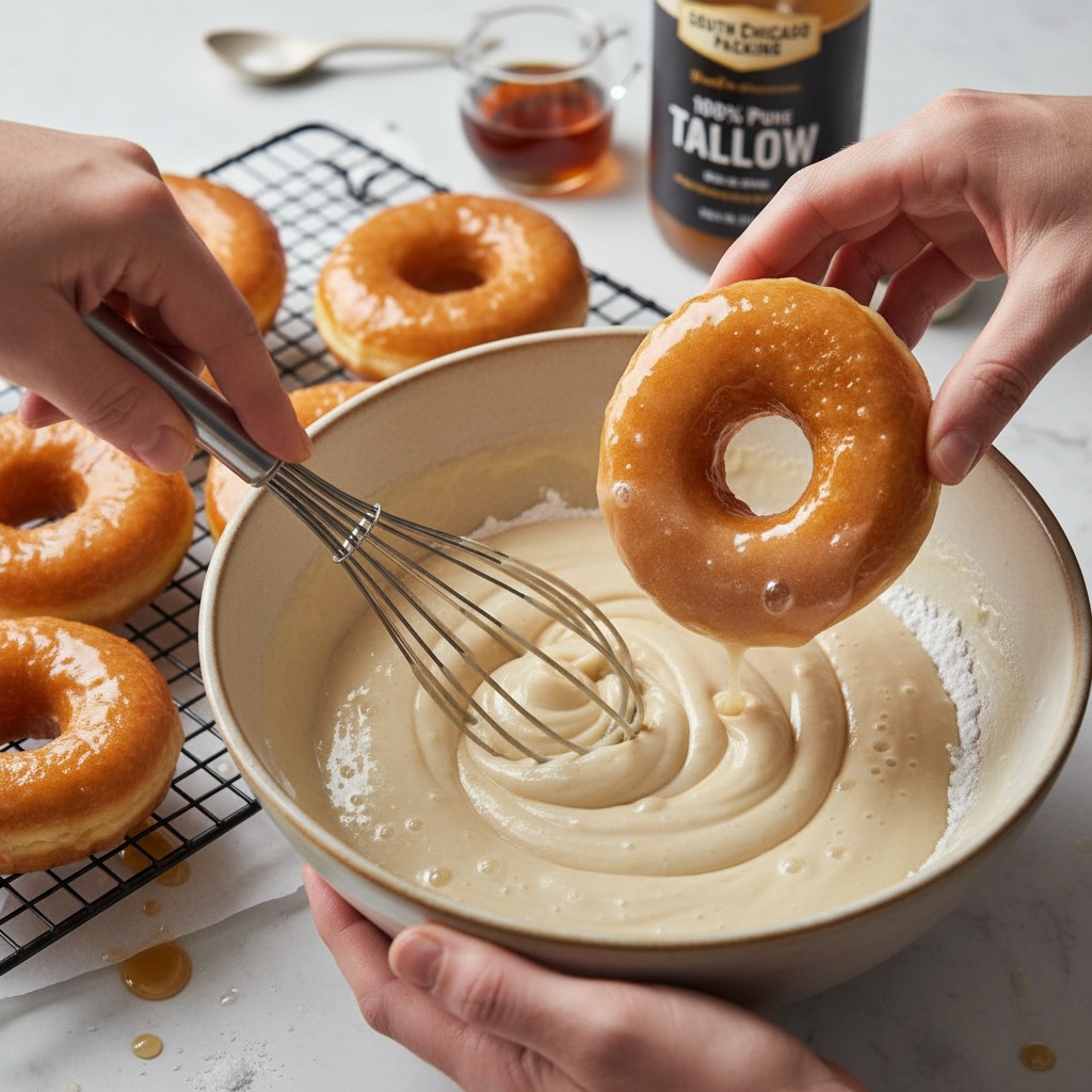 Prepare maple glaze and glaze donuts