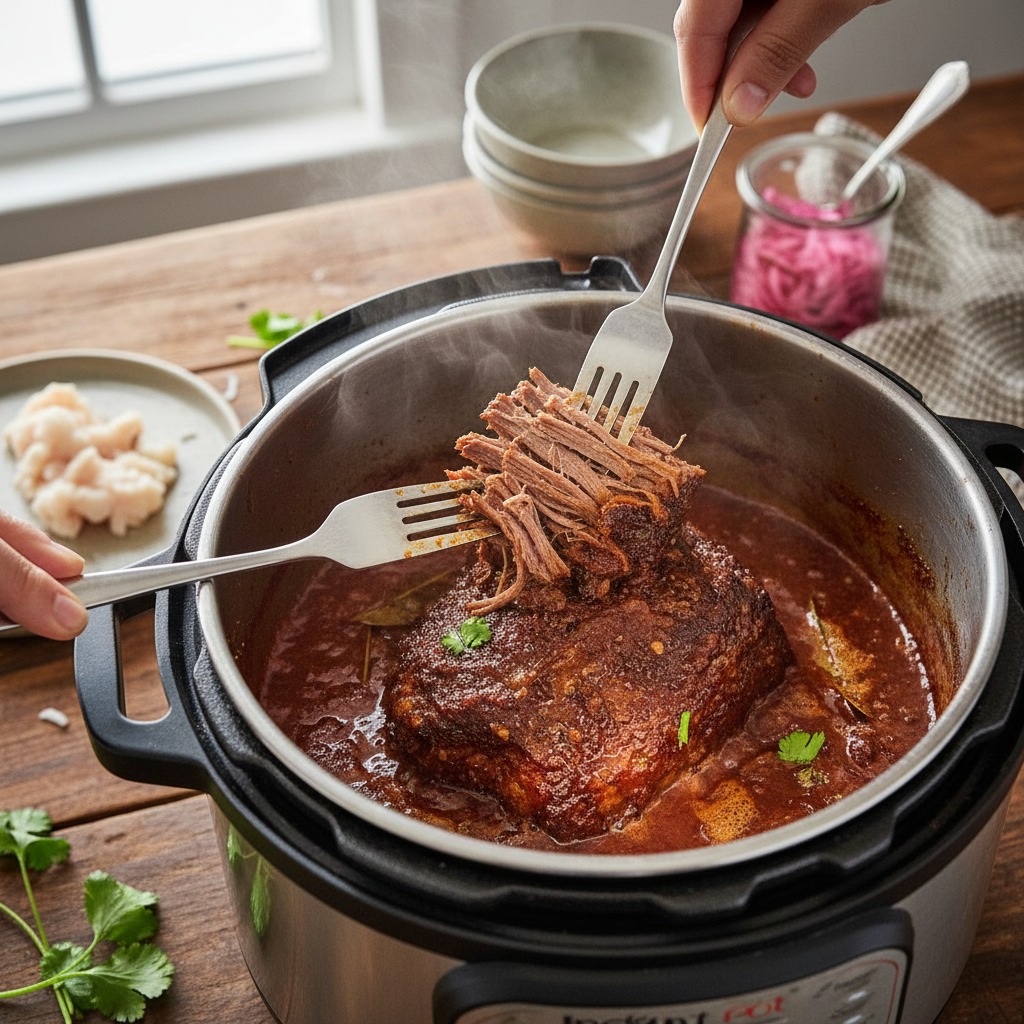 Shred the beef and reduce the juices