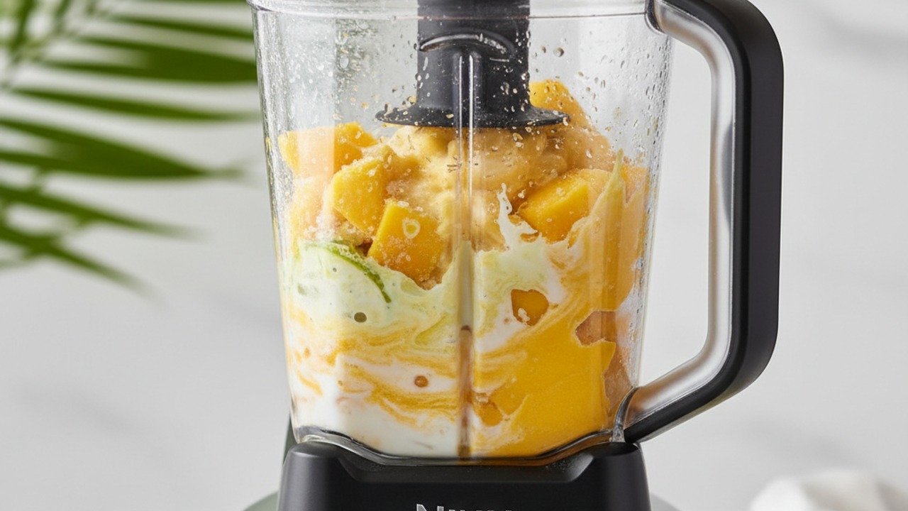 Blend frozen mango into slushy soft-serve