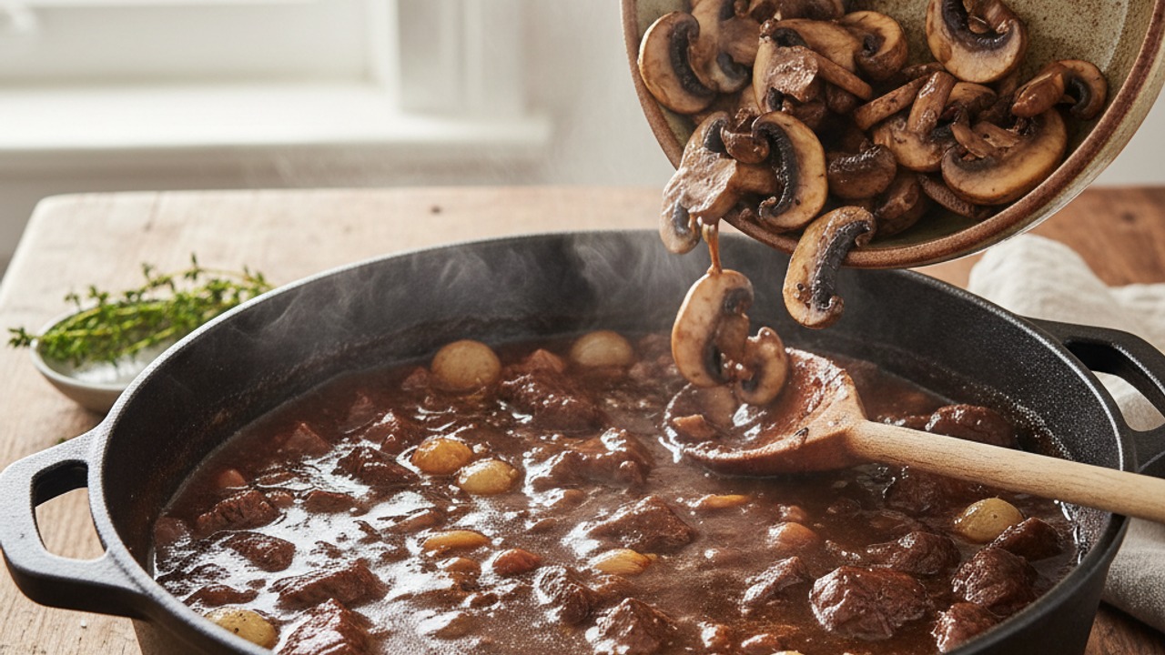 Add mushrooms and finish the sauce
