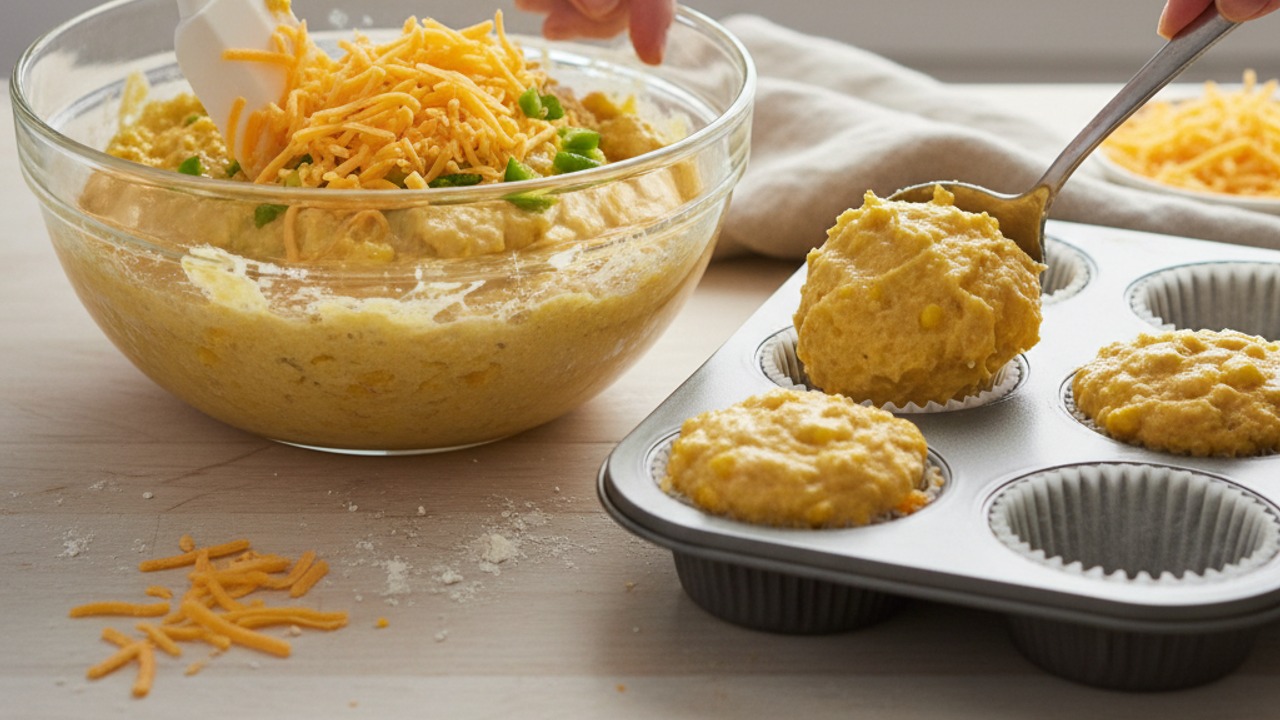 Fold in cheese and jalapeño, portion batter