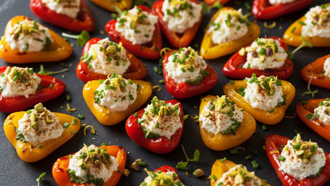 Smoky Grilled Stuffed Mini Peppers with Herbed Goat Cheese, Pistachio Crunch & Lemon Zest