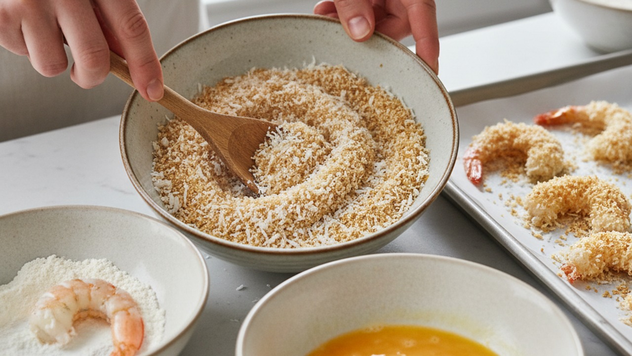 Combine coating and bread the shrimp