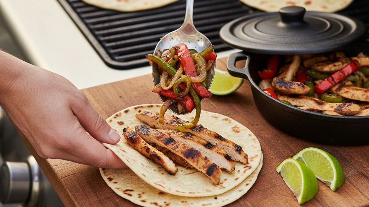 Warm tortillas and assemble fajitas