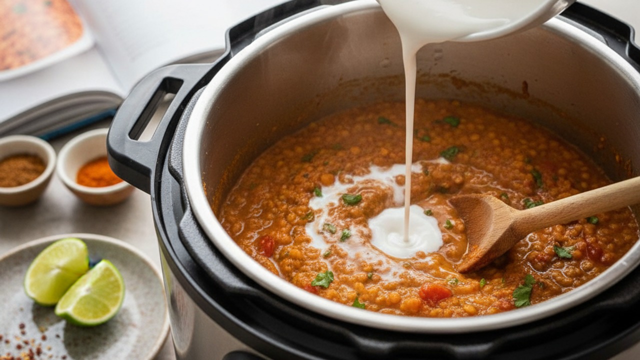 Release pressure and finish with coconut milk