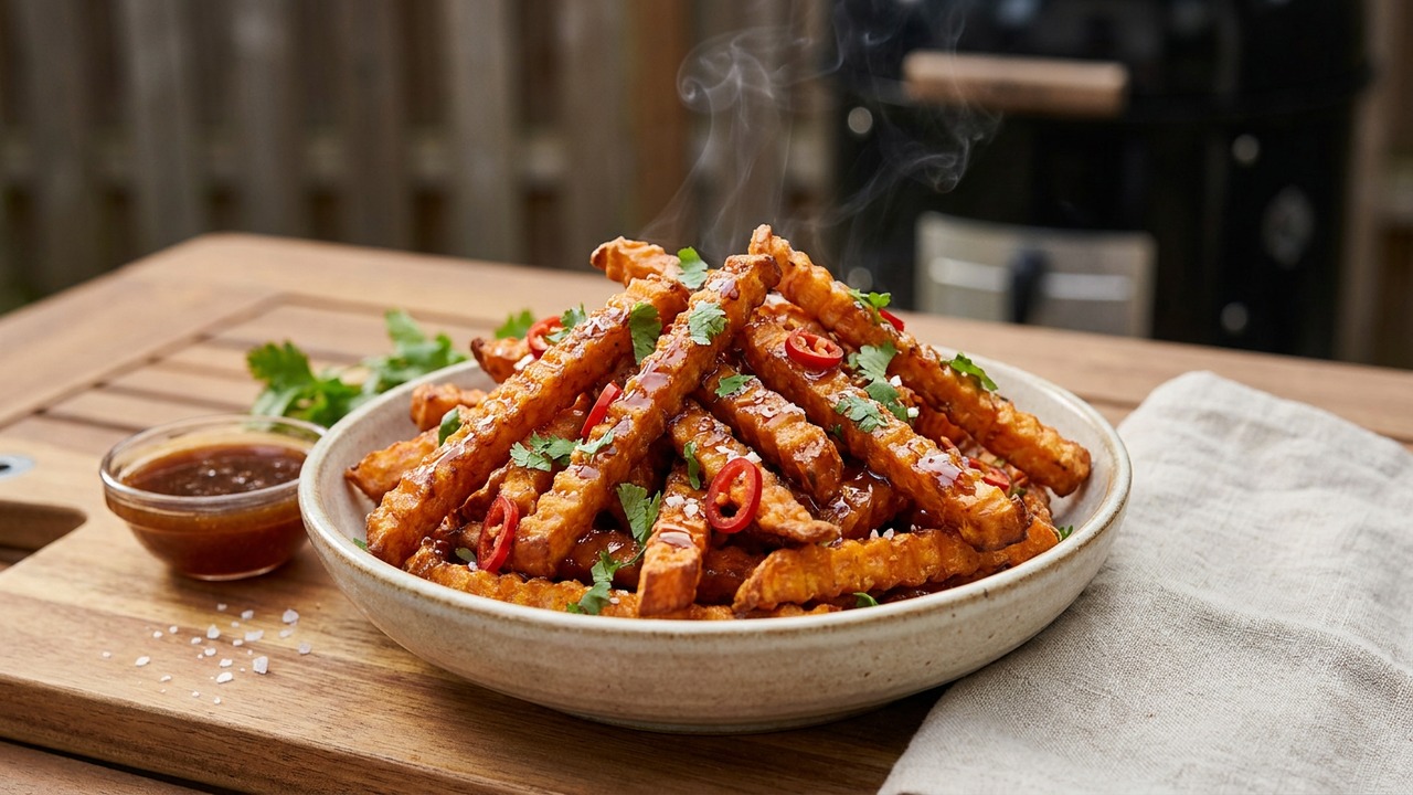 Smoked Crispy Sweet Potato Fries with Maple Chile Glaze