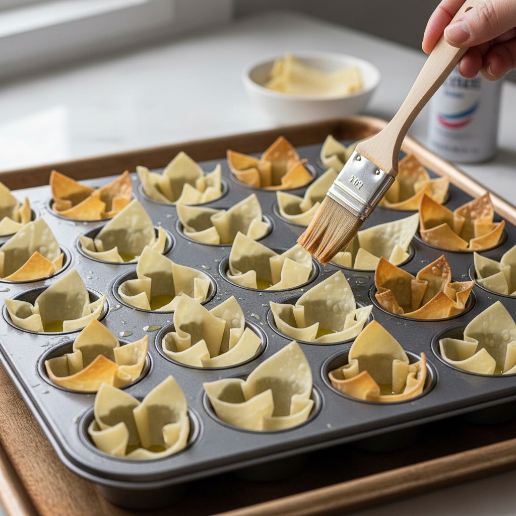 Form and prebake the wonton cups