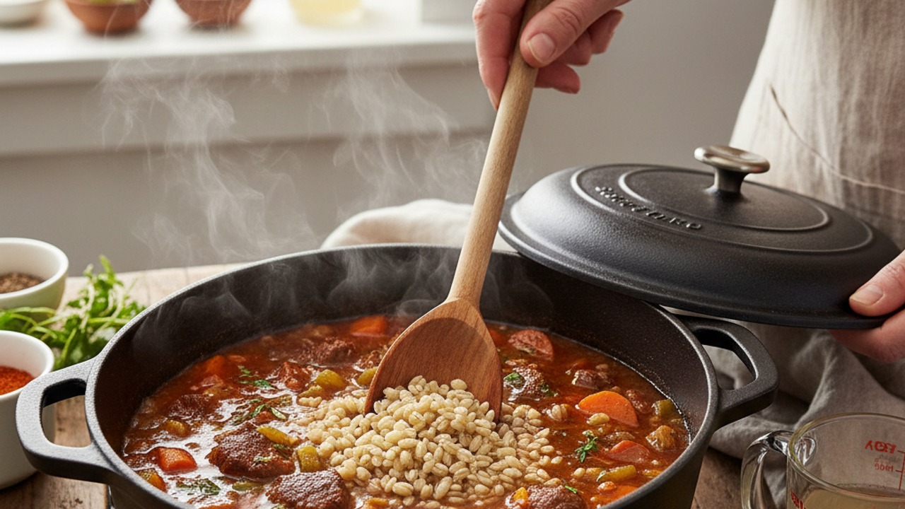 Add barley and simmer slowly