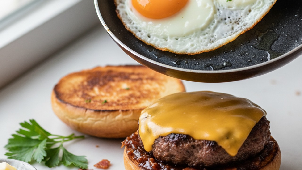 Fry eggs and assemble the burgers