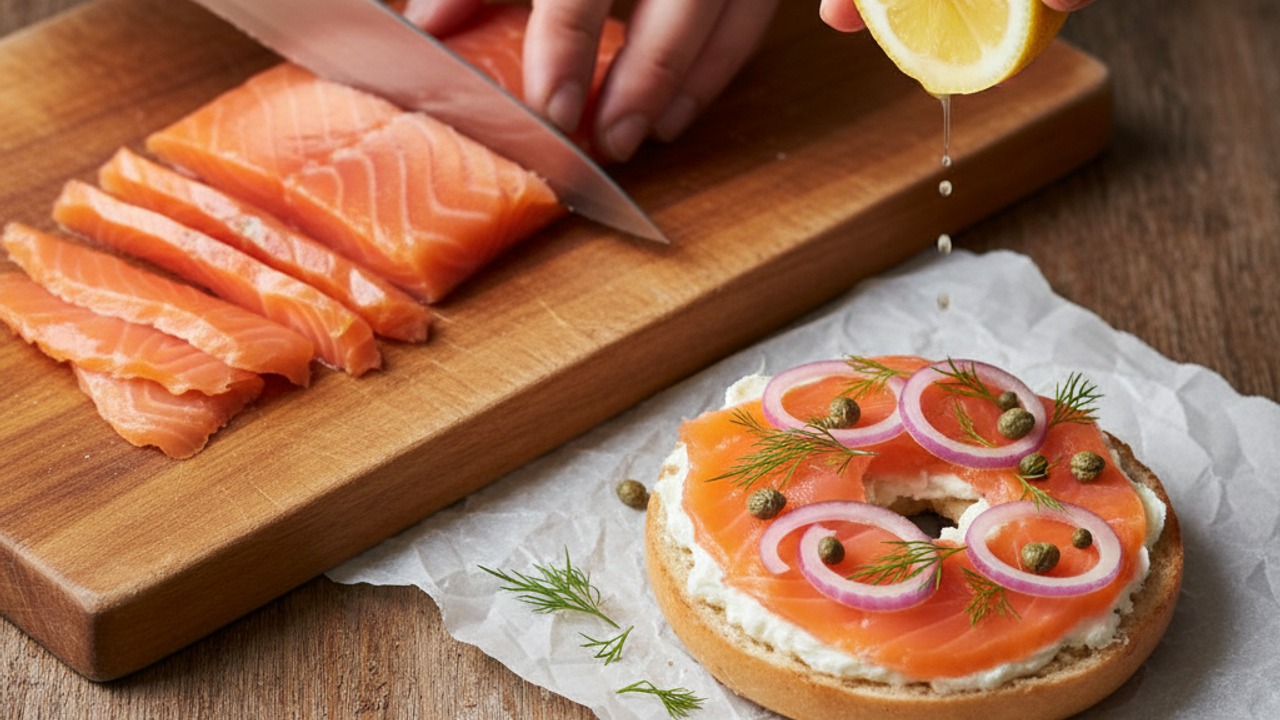 Slice salmon and assemble the bagels