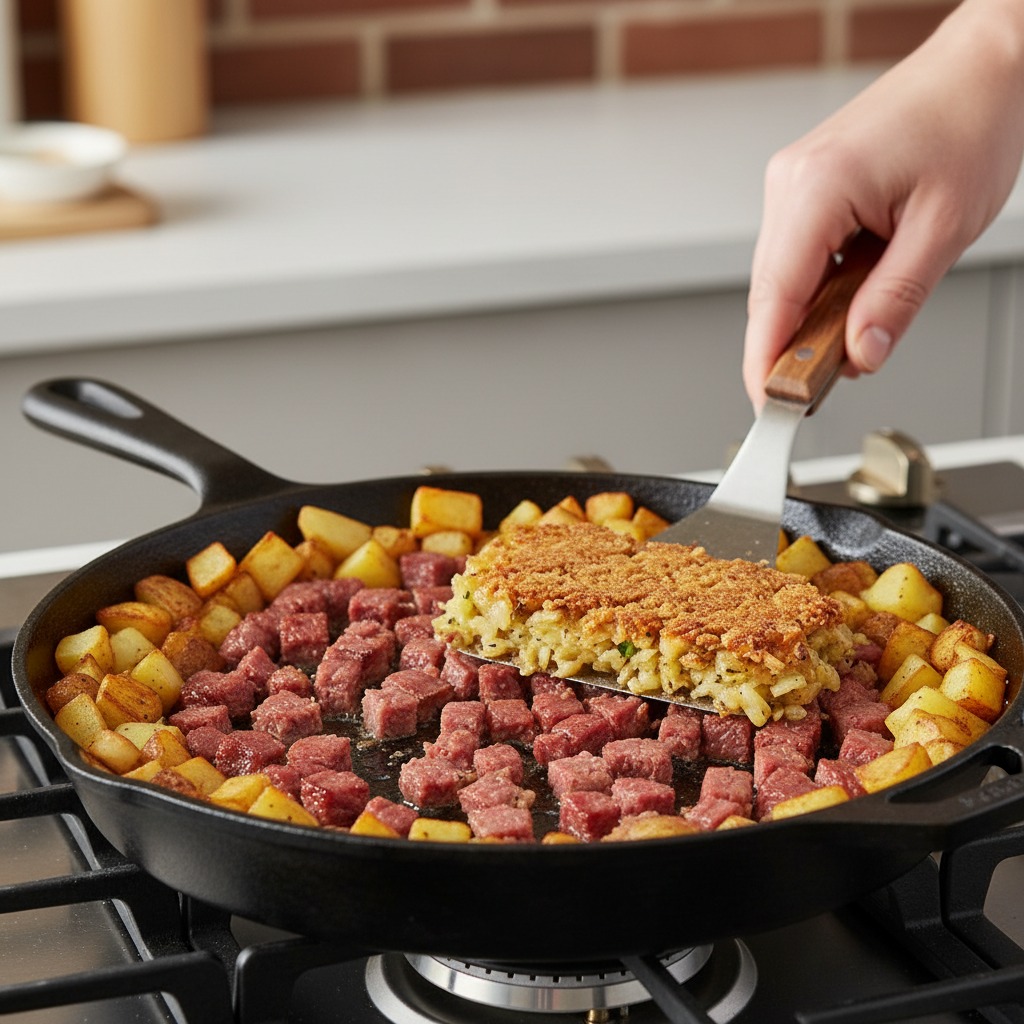 Add and crisp the corned beef