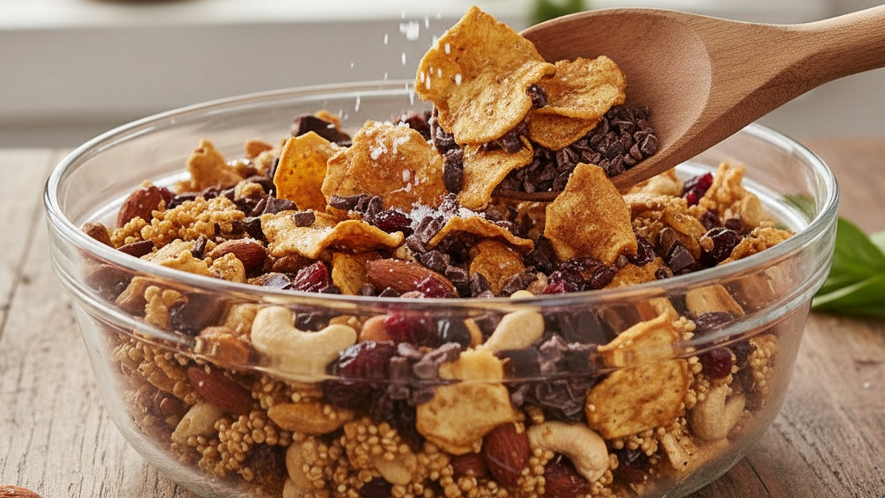 Add crunchy prebiotic chips and chocolate