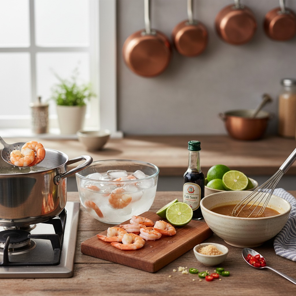 Poach the shrimp and make the dressing