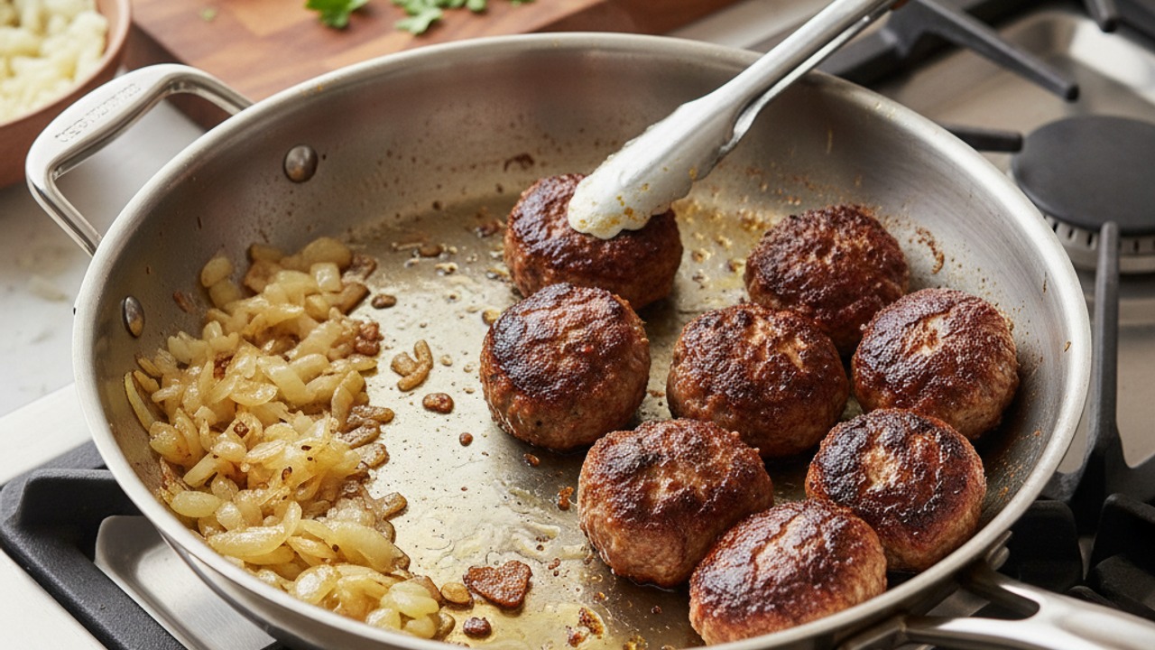 Sauté aromatics and brown meatballs