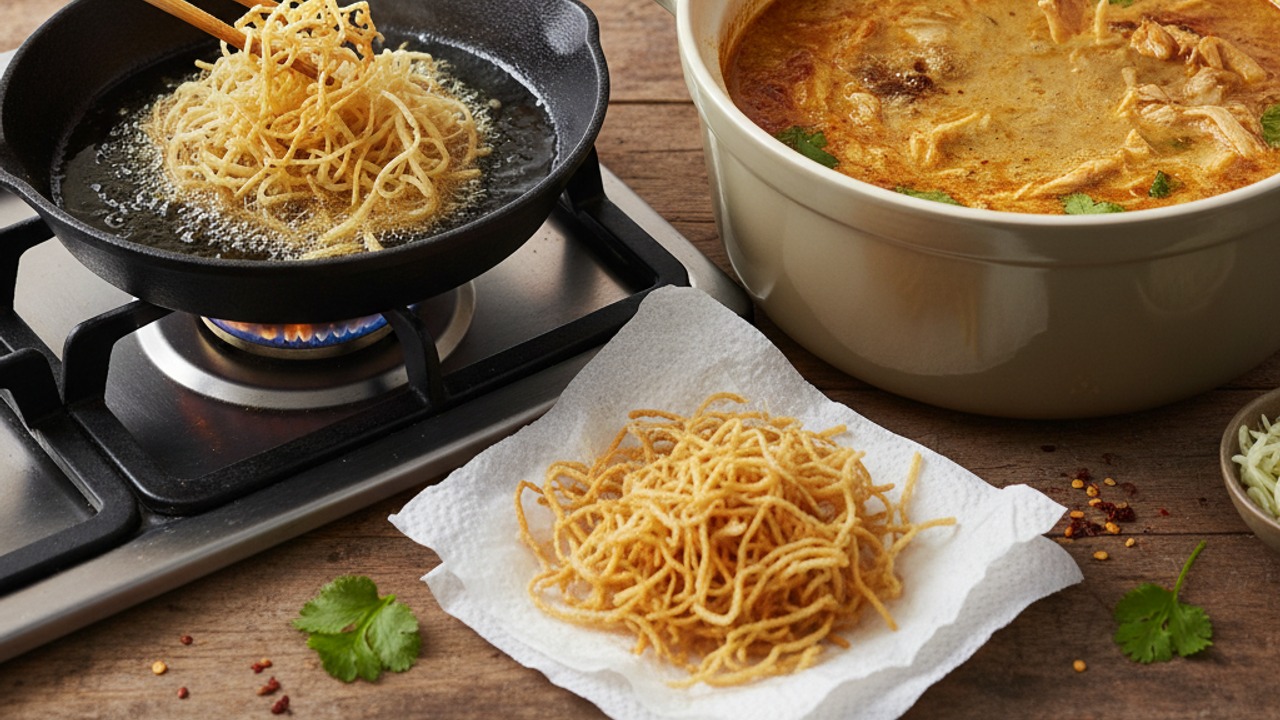Make crispy noodle garnish (optional) and finish broth