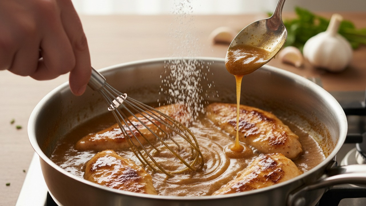 Thicken the glaze and finish the chicken