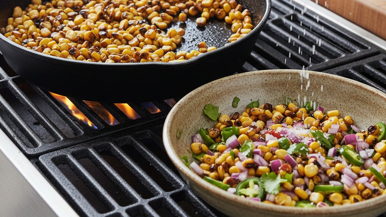 Char the corn and prep salsa components