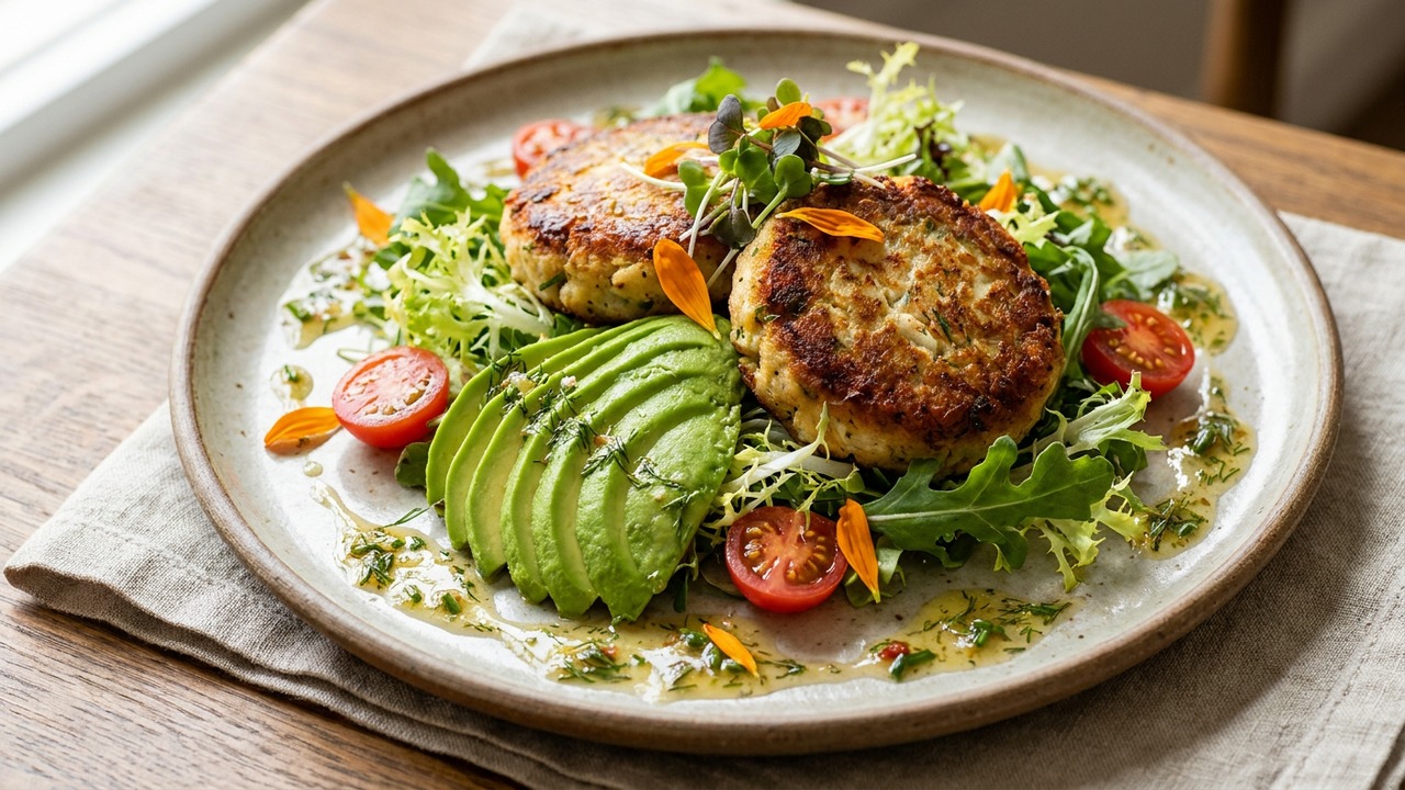 Citrus Avocado Crab Cake Salad with Herbed Vinaigrette