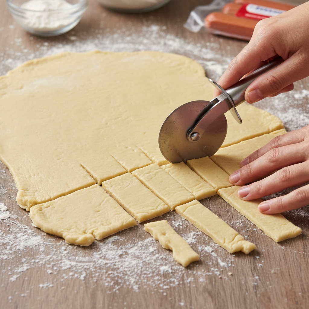 Unroll and cut the dough into strips