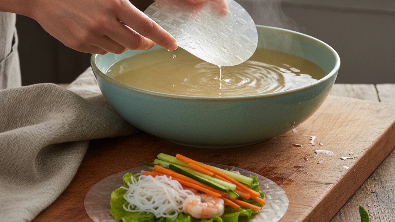 Soften rice paper and assemble rolls