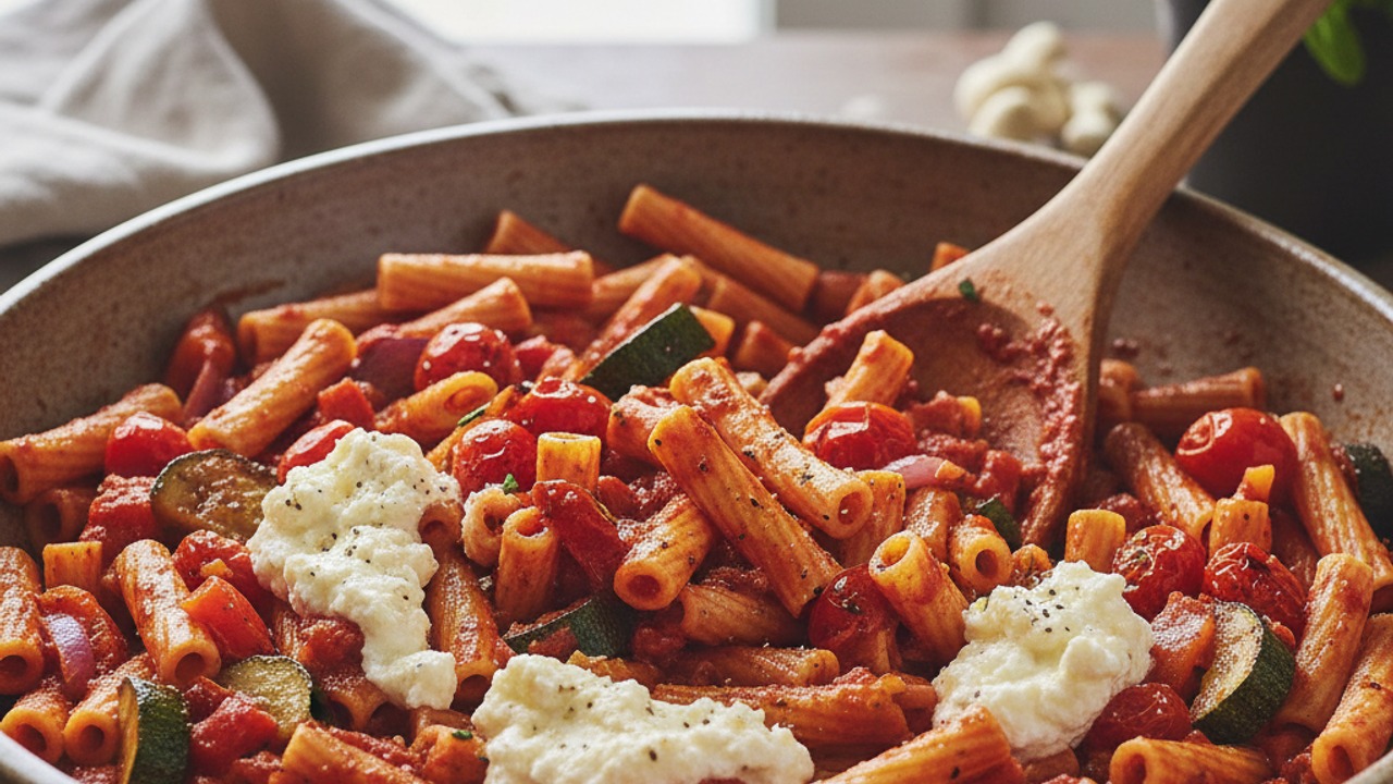 Mix pasta, sauce, and roasted veg