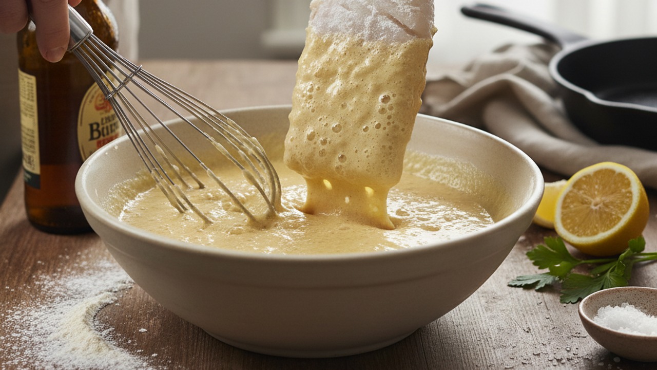 Make the beer batter and coat the fish