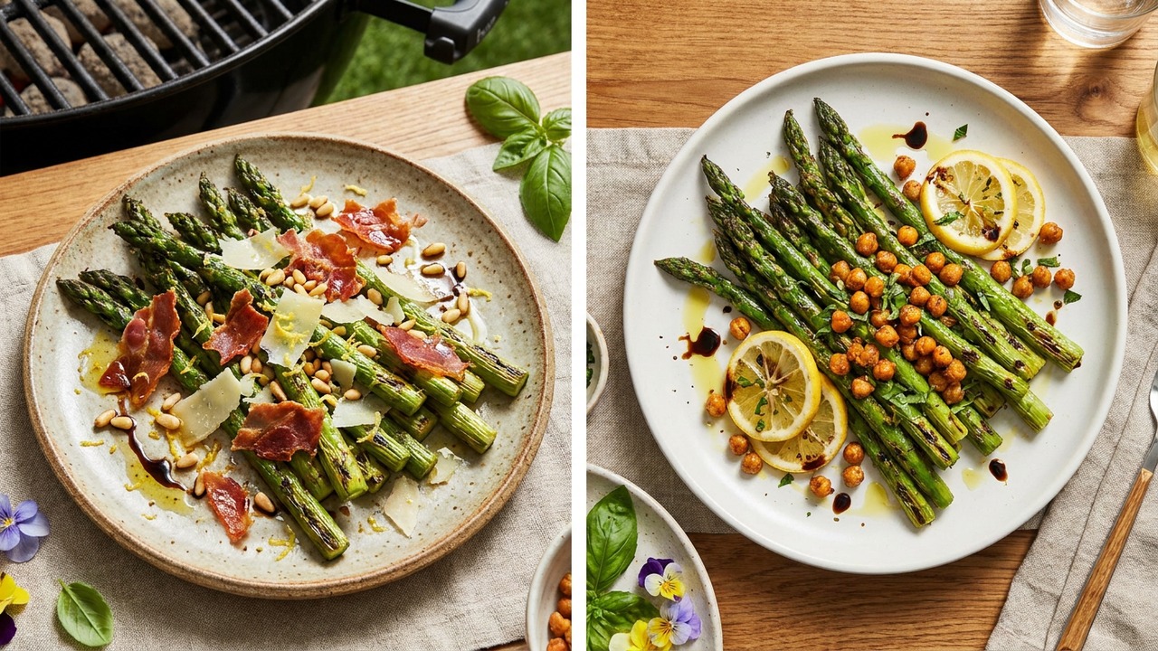Grilled Asparagus with Lemon, Parmesan, and Crispy Prosciutto (or Vegan Crispy Chickpeas)