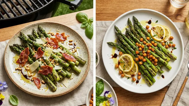 Grilled Asparagus with Lemon, Parmesan, and Crispy Prosciutto (or Vegan Crispy Chickpeas)