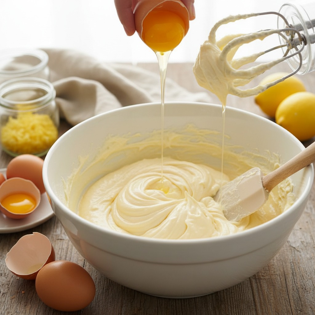 Cream butter and sugar, add eggs