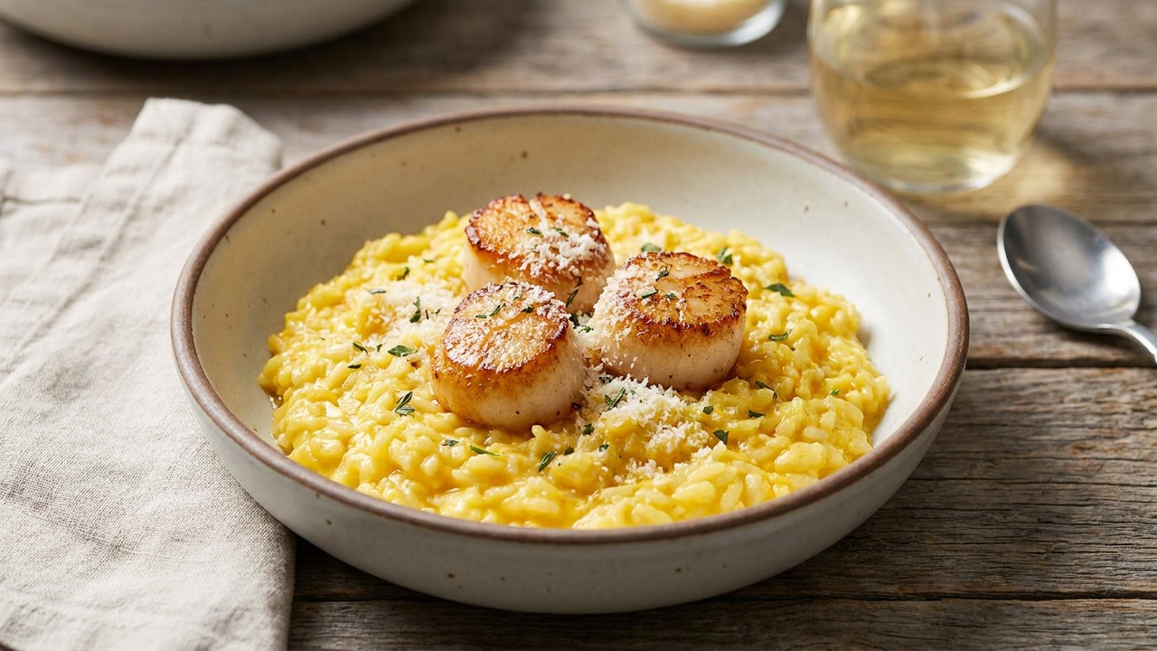 Saffron Scallop Risotto with Parmesan and White Wine
