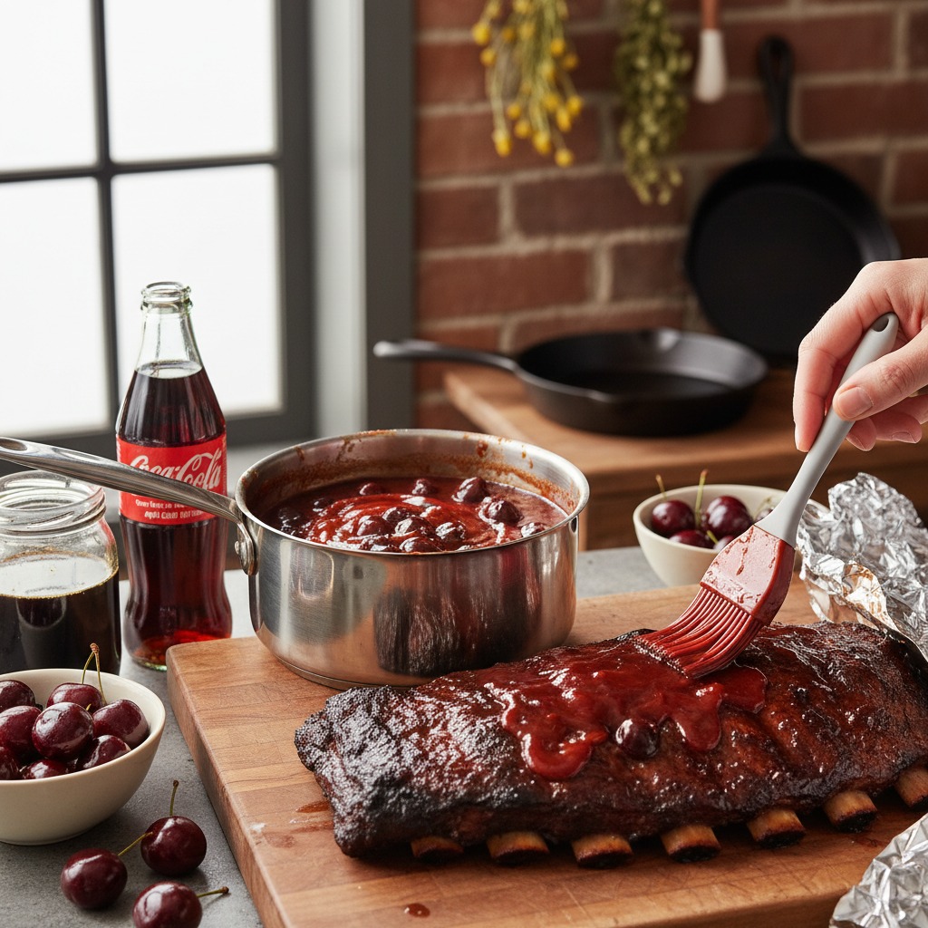 Make the cherry-cola glaze and finish the ribs