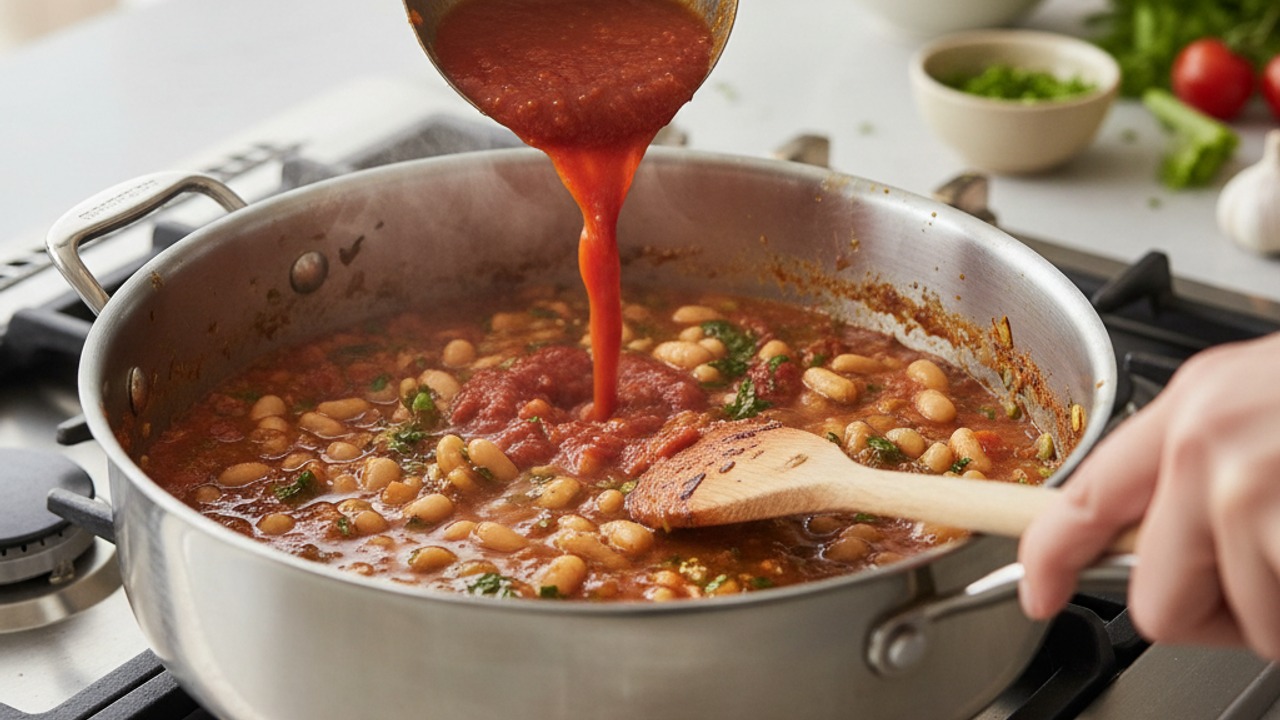 Add tomatoes, beans and broth