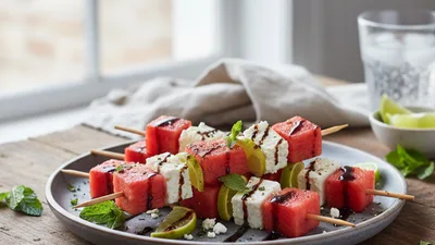 Charred Watermelon & Feta Skewers with Mint, Lime & Balsamic Glaze