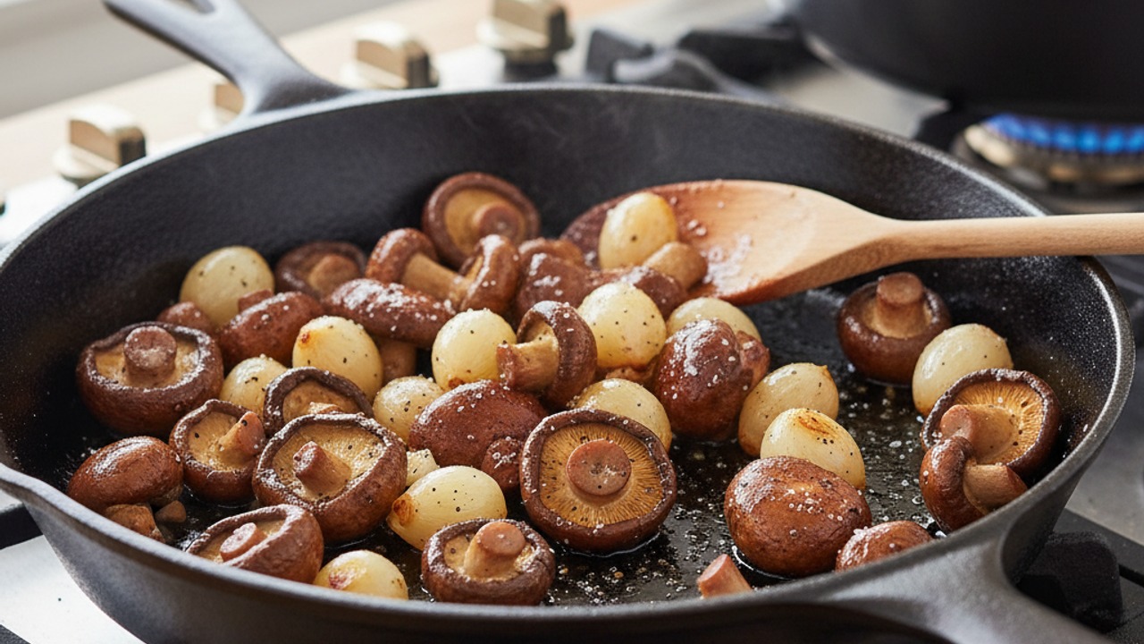 Sauté mushrooms and pearl onions