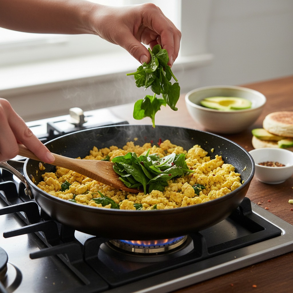 Wilt the spinach into the scramble