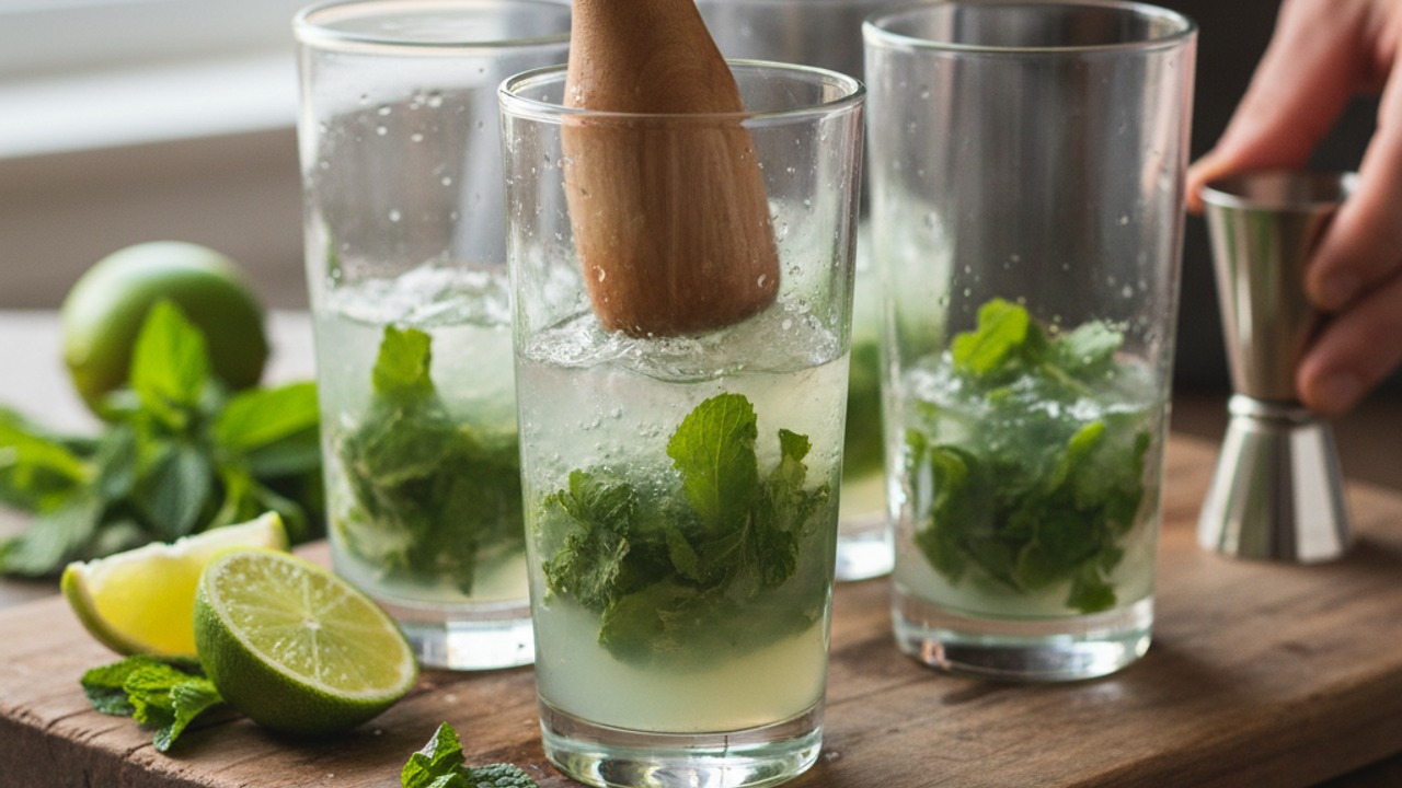 Combine lime, mint, and syrup, then muddle gently