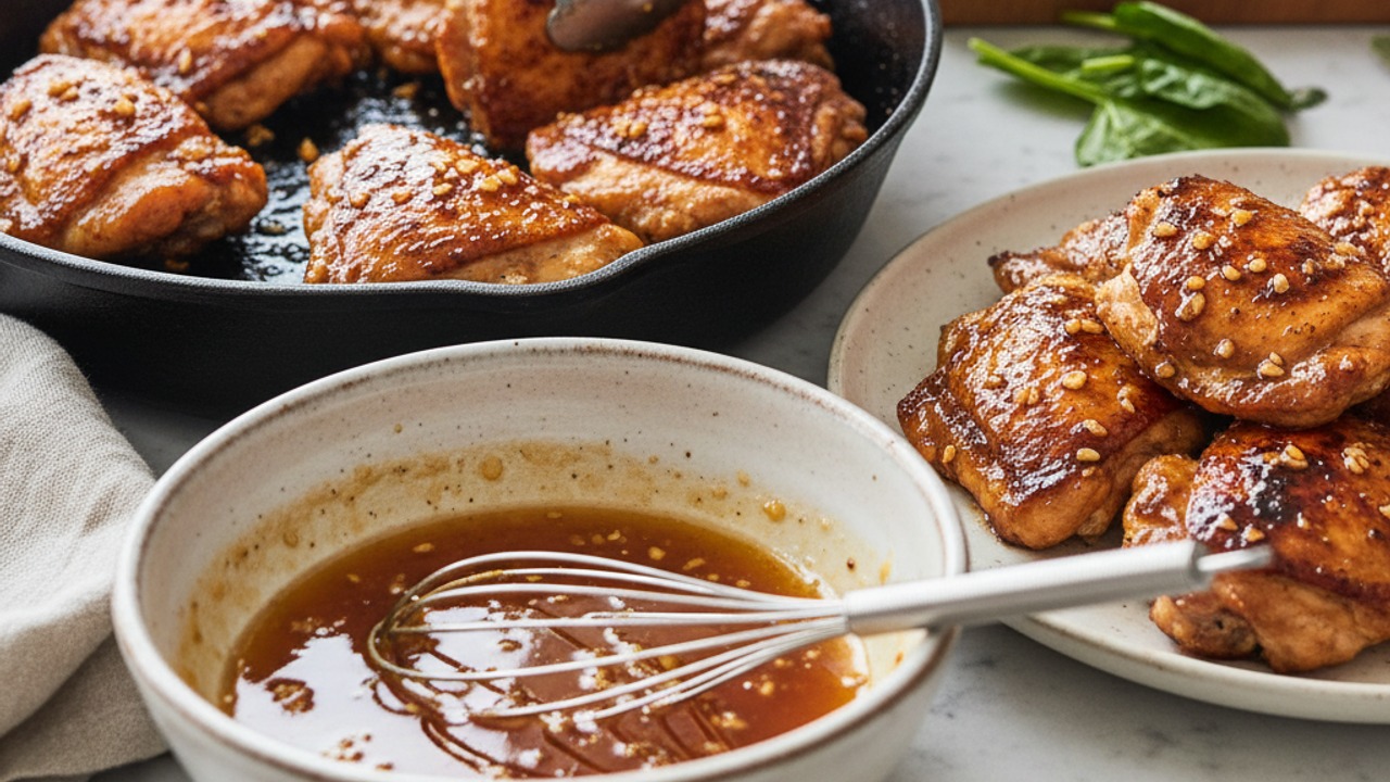 Make the honey-garlic sauce and sear the chicken