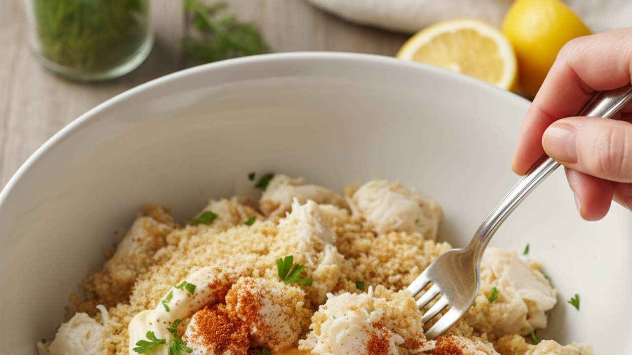 Gently mix crab cake ingredients