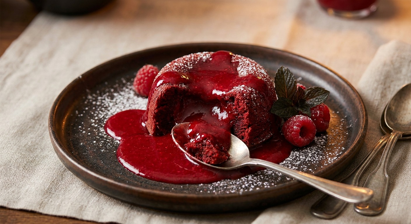 Red Velvet Molten Lava Cakes with Raspberry Blood Sauce